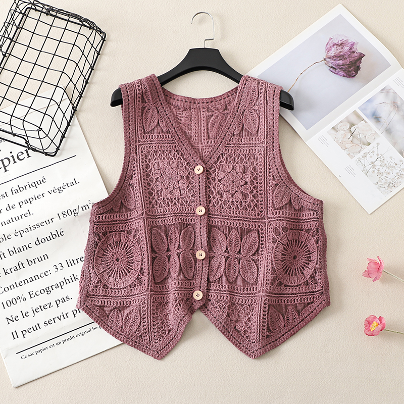 Ethnic Style Lace Crochet Hollow V-Neck Vest Tank Top - Loose Fit Versatile Layered Cardigan for Boho Chic Look Ethnic Style Lace Crochet Hollow V-Neck Vest Tank Top - Loose Fit Versatile Layered Cardigan for Boho Chic Look