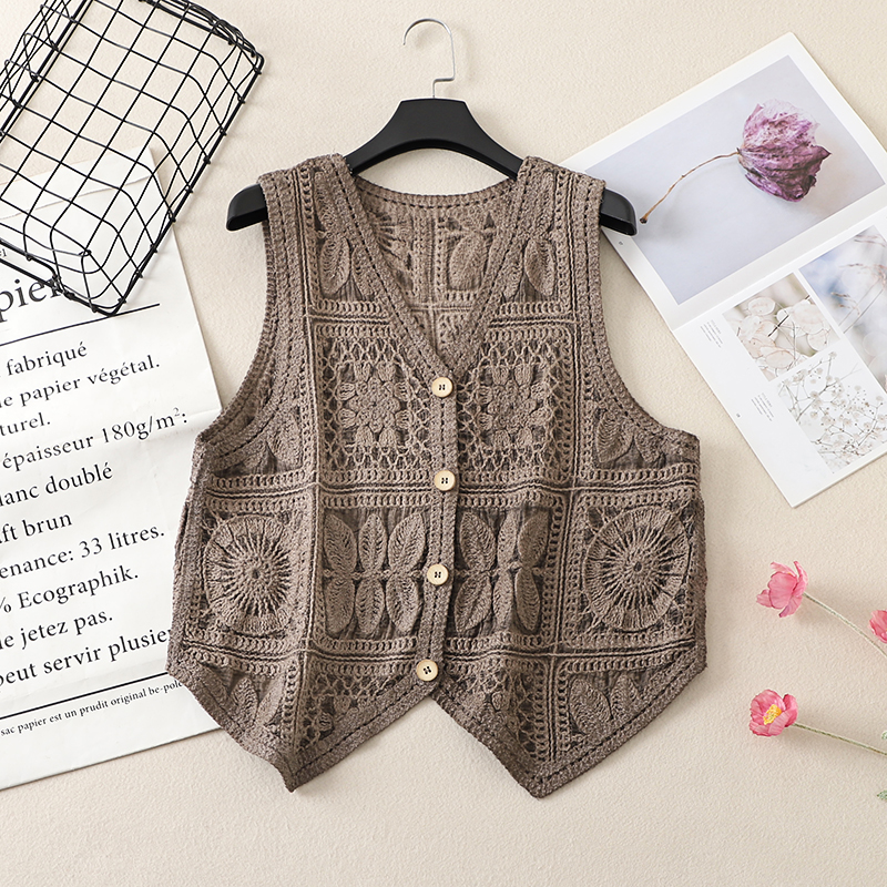 Ethnic Style Lace Crochet Hollow V-Neck Vest Tank Top - Loose Fit Versatile Layered Cardigan for Boho Chic Look Ethnic Style Lace Crochet Hollow V-Neck Vest Tank Top - Loose Fit Versatile Layered Cardigan for Boho Chic Look