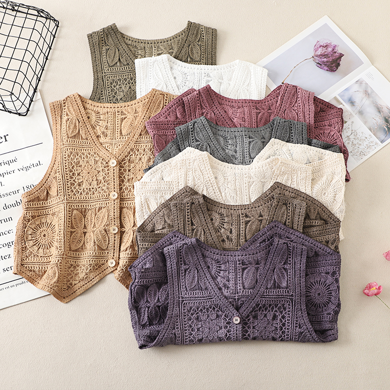 Ethnic Style Lace Crochet Hollow V-Neck Vest Tank Top - Loose Fit Versatile Layered Cardigan for Boho Chic Look Ethnic Style Lace Crochet Hollow V-Neck Vest Tank Top - Loose Fit Versatile Layered Cardigan for Boho Chic Look