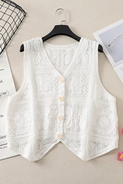 Ethnic Style Lace Crochet Hollow V-Neck Vest Tank Top - Loose Fit Versatile Layered Cardigan for Boho Chic Look