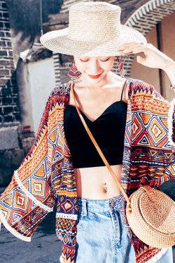 Exotic Ethnic Print Summer Travel Top for Women - Lightweight Sun Protection Shirt with Prairie Style Design