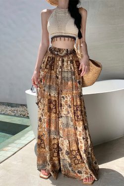 Exotic Floor-Length Printed Wide-Leg Pants Skirt with Beaded Camisole for French Style Seaside Vacation