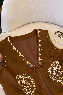 Exotic Heavy Embroidery Studded Cashew Pattern Vest - Retro Suede Cardigan for Vacation, Boho Style, Travel Essential