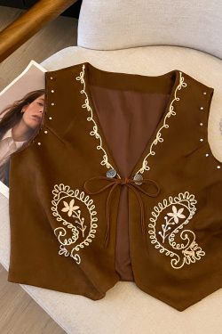 Exotic Heavy Embroidery Studded Cashew Pattern Vest - Retro Suede Cardigan for Vacation, Boho Style, Travel Essential