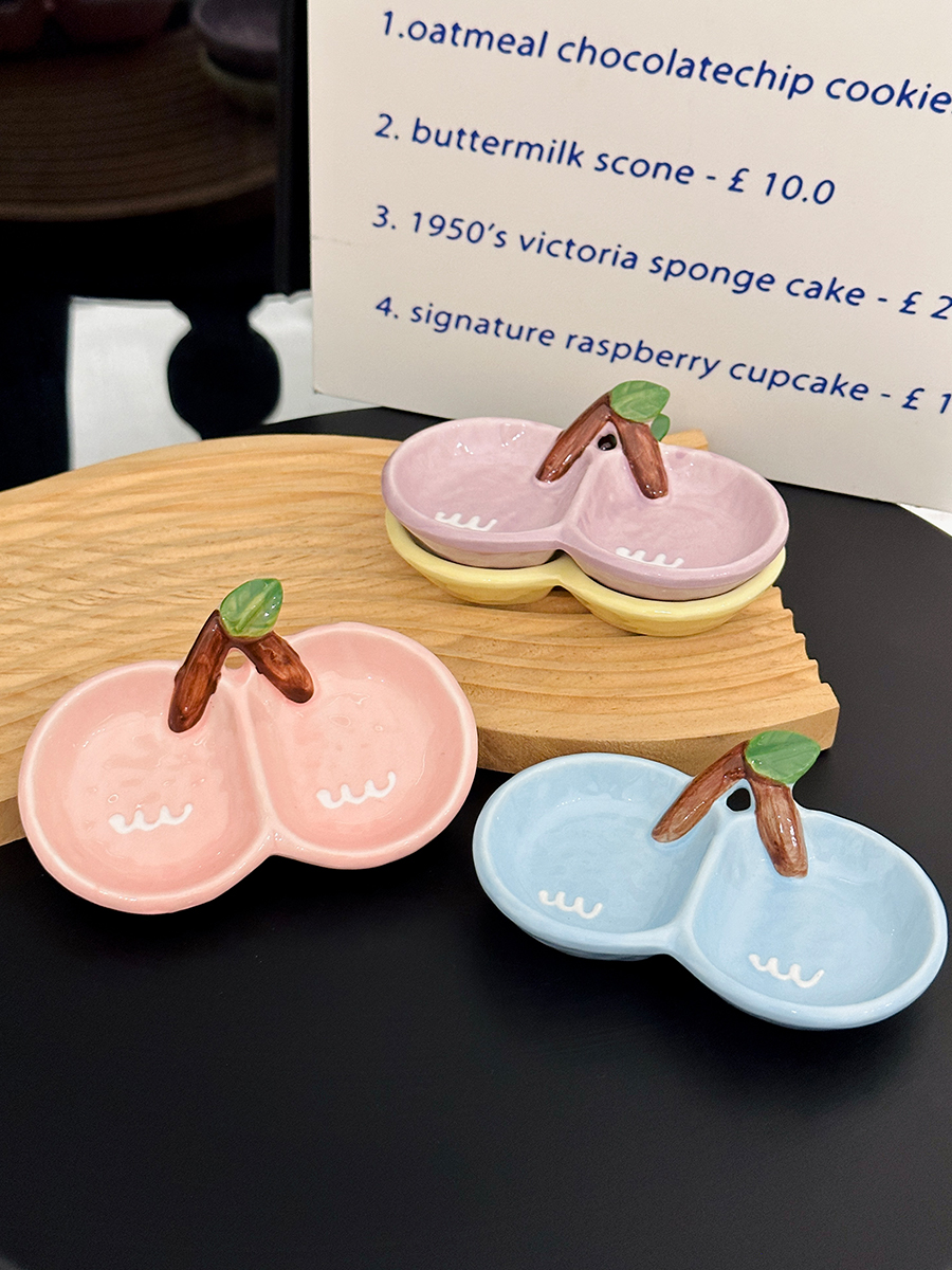 Exquisite Ceramic Divided Plate for Dipping Sauce - Hot Pot & Snack Serving Dish, Cherry Floral Design, Ideal for Entertaining Exquisite Ceramic Divided Plate for Dipping Sauce - Hot Pot & Snack Serving Dish, Cherry Floral Design, Ideal for Entertaining