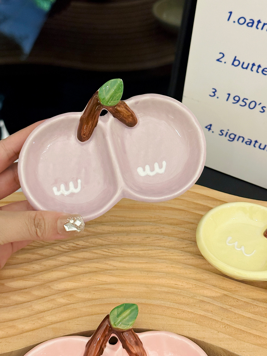 Exquisite Ceramic Divided Plate for Dipping Sauce - Hot Pot & Snack Serving Dish, Cherry Floral Design, Ideal for Entertaining Exquisite Ceramic Divided Plate for Dipping Sauce - Hot Pot & Snack Serving Dish, Cherry Floral Design, Ideal for Entertaining