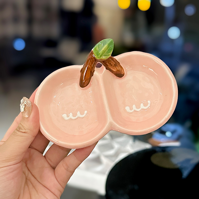 Exquisite Ceramic Divided Plate for Dipping Sauce - Hot Pot & Snack Serving Dish, Cherry Floral Design, Ideal for Entertaining Exquisite Ceramic Divided Plate for Dipping Sauce - Hot Pot & Snack Serving Dish, Cherry Floral Design, Ideal for Entertaining