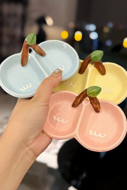 Exquisite Ceramic Divided Plate for Dipping Sauce - Hot Pot & Snack Serving Dish, Cherry Floral Design, Ideal for Entertaining
