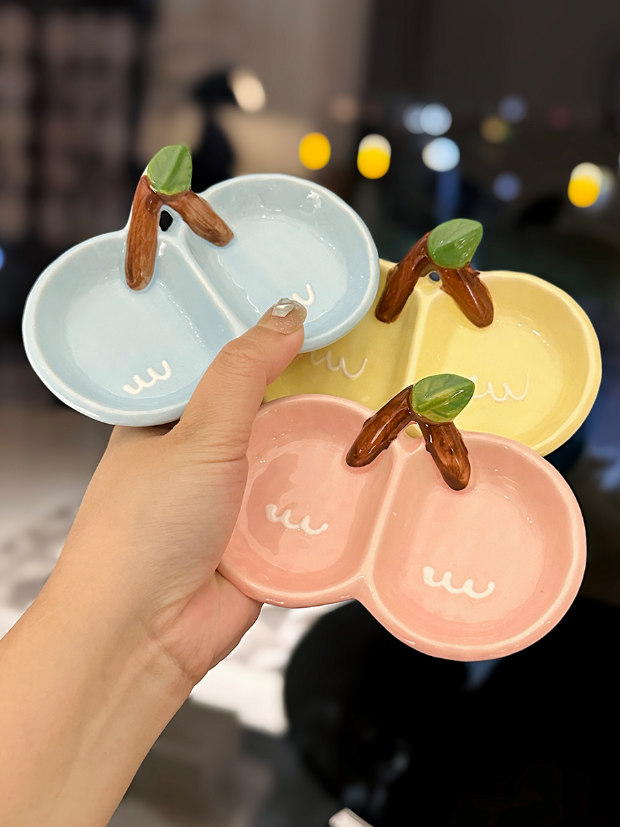 Exquisite Ceramic Divided Plate for Dipping Sauce - Hot Pot & Snack Serving Dish, Cherry Floral Design, Ideal for Entertaining Exquisite Ceramic Divided Plate for Dipping Sauce - Hot Pot & Snack Serving Dish, Cherry Floral Design, Ideal for Entertaining