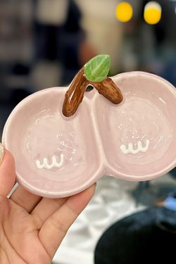 Exquisite Ceramic Divided Plate for Dipping Sauce - Hot Pot & Snack Serving Dish, Cherry Floral Design, Ideal for Entertaining