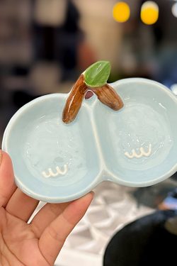 Exquisite Ceramic Divided Plate for Dipping Sauce - Hot Pot & Snack Serving Dish, Cherry Floral Design, Ideal for Entertaining