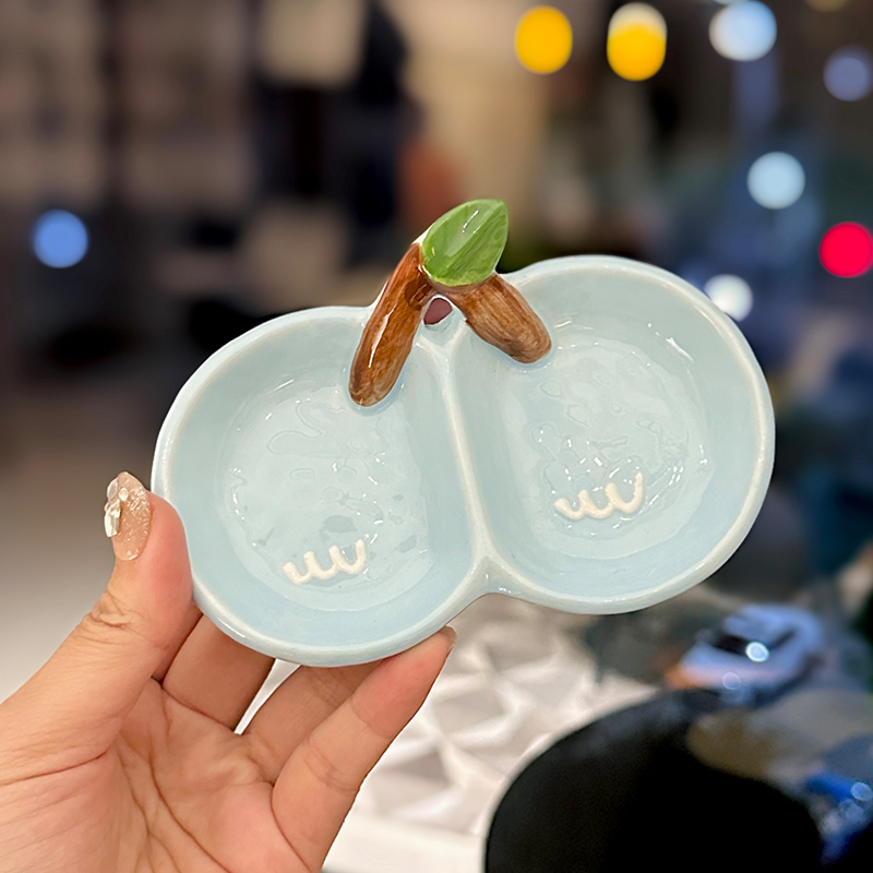 Exquisite Ceramic Divided Plate for Dipping Sauce - Hot Pot & Snack Serving Dish, Cherry Floral Design, Ideal for Entertaining Exquisite Ceramic Divided Plate for Dipping Sauce - Hot Pot & Snack Serving Dish, Cherry Floral Design, Ideal for Entertaining