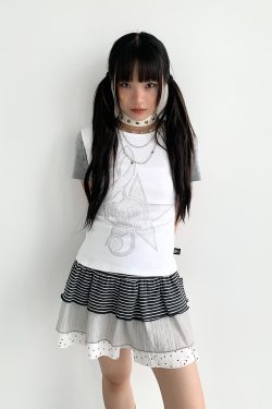 Faded Multicolor Printed T-Shirt for Women - Summer Spliced Flutter Sleeve Short Sleeve Top in Black, White, and Gray