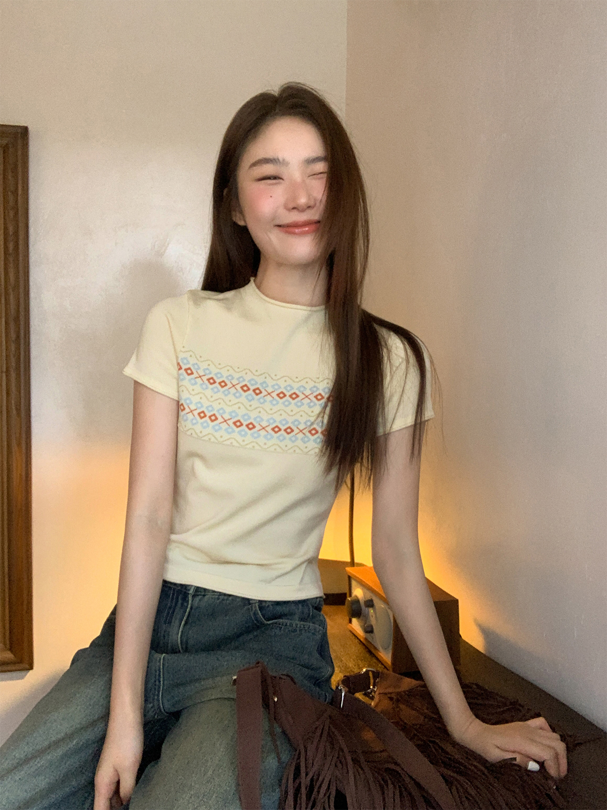 Fair Isle Geometric Jacquard Short-Sleeve T-Shirt for Women, Slim Fit Flattering Summer Style, Trendy Knit Top Fair Isle Geometric Jacquard Short-Sleeve T-Shirt for Women, Slim Fit Flattering Summer Style, Trendy Knit Top