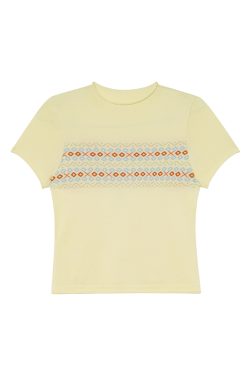 Fair Isle Geometric Jacquard Short-Sleeve T-Shirt for Women, Slim Fit Flattering Summer Style, Trendy Knit Top