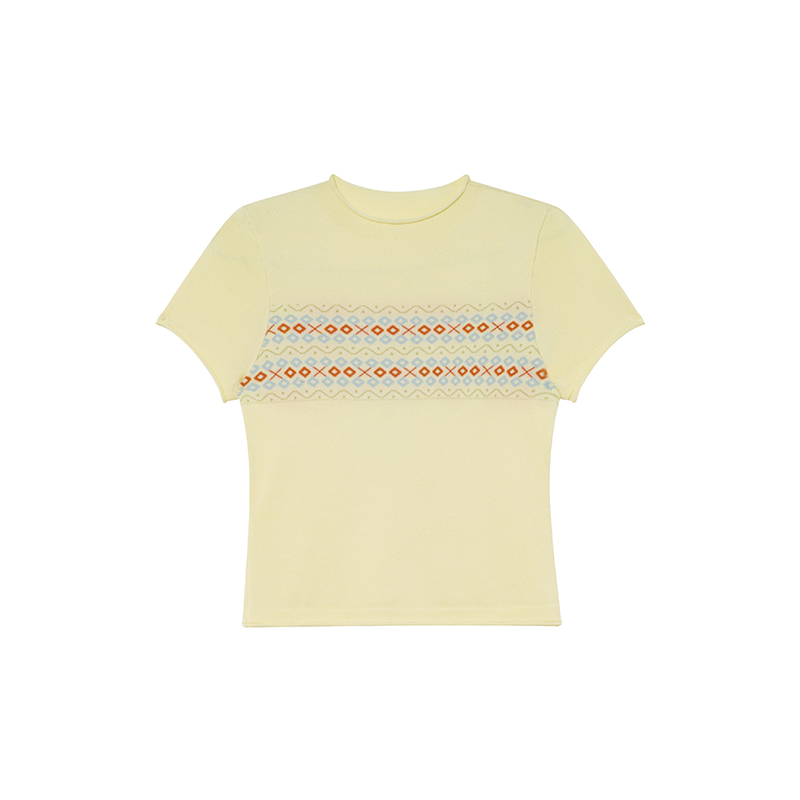 Fair Isle Geometric Jacquard Short-Sleeve T-Shirt for Women, Slim Fit Flattering Summer Style, Trendy Knit Top Fair Isle Geometric Jacquard Short-Sleeve T-Shirt for Women, Slim Fit Flattering Summer Style, Trendy Knit Top