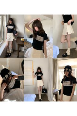 Fair Isle Geometric Jacquard Short-Sleeve T-Shirt for Women, Slim Fit Flattering Summer Style, Trendy Knit Top