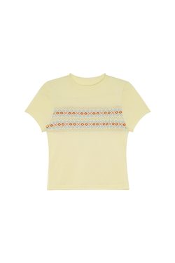 Fair Isle Geometric Jacquard Short-Sleeve T-Shirt for Women, Slim Fit Flattering Summer Style, Trendy Knit Top