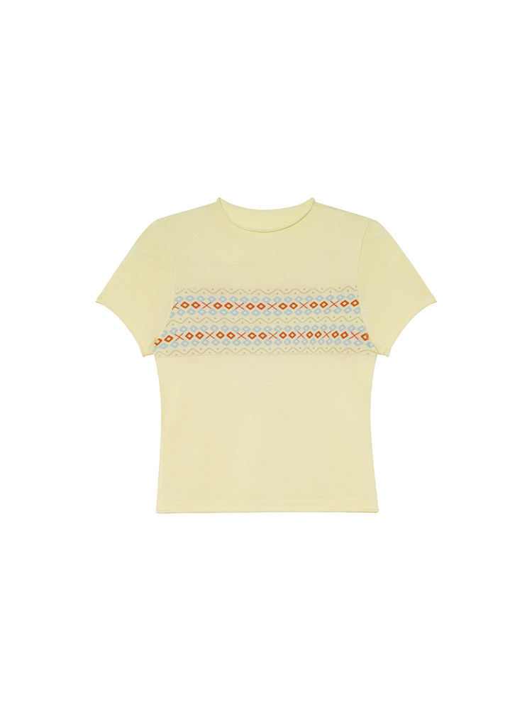 Fair Isle Geometric Jacquard Short-Sleeve T-Shirt for Women, Slim Fit Flattering Summer Style, Trendy Knit Top Fair Isle Geometric Jacquard Short-Sleeve T-Shirt for Women, Slim Fit Flattering Summer Style, Trendy Knit Top