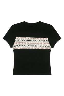 Fair Isle Geometric Jacquard Short-Sleeve T-Shirt for Women, Slim Fit Flattering Summer Style, Trendy Knit Top