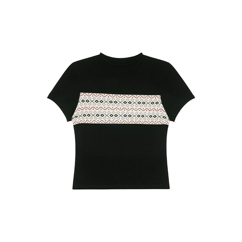 Fair Isle Geometric Jacquard Short-Sleeve T-Shirt for Women, Slim Fit Flattering Summer Style, Trendy Knit Top Fair Isle Geometric Jacquard Short-Sleeve T-Shirt for Women, Slim Fit Flattering Summer Style, Trendy Knit Top