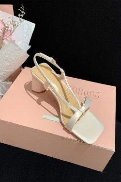 Fairy Square Head Bowknot Chunky Heeled Sandals with One Strap - French Style White Heels for Chic Summer Outfits