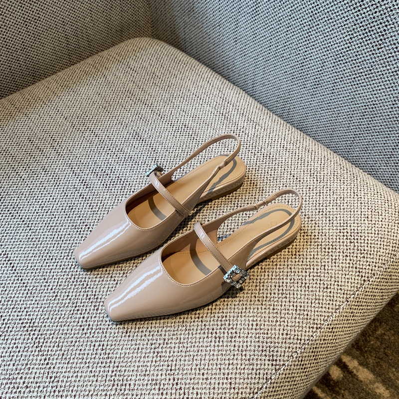 Fairy Style Patent Leather Square Toe Flat Sandals with Rhinestones - 2025 Spring/Summer Women's Closed Toe Low Heel Shoes Fairy Style Patent Leather Square Toe Flat Sandals with Rhinestones - 2025 Spring/Summer Women's Closed Toe Low Heel Shoes