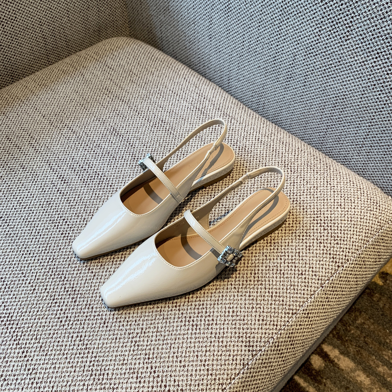 Fairy Style Patent Leather Square Toe Flat Sandals with Rhinestones - 2025 Spring/Summer Women's Closed Toe Low Heel Shoes Fairy Style Patent Leather Square Toe Flat Sandals with Rhinestones - 2025 Spring/Summer Women's Closed Toe Low Heel Shoes