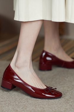 Fairy Style Red Genuine Leather Mid-Heel Bow Shoes for Women - Sweet Wedding and Bridesmaid Footwear