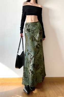 Fallen Flowers Vintage Forest Style A-Line Long Skirt for Women - Low Waist, Autumn Mood, Chinese Design