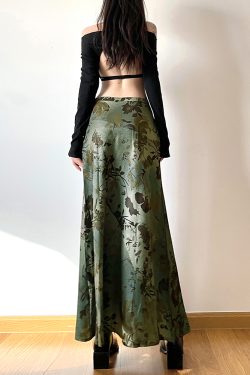 Fallen Flowers Vintage Forest Style A-Line Long Skirt for Women - Low Waist, Autumn Mood, Chinese Design