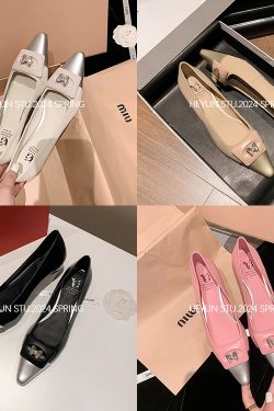 Fashionable Color-Blocking Low-Heeled Butterfly Rhinestone Single Shoes for Women - Pointed Toe, Shallow Mouth, Trendy Style