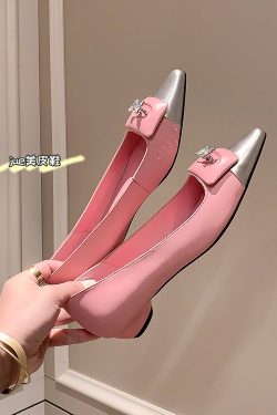 Fashionable Color-Blocking Low-Heeled Butterfly Rhinestone Single Shoes for Women - Pointed Toe, Shallow Mouth, Trendy Style