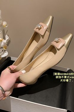 Fashionable Color-Blocking Low-Heeled Butterfly Rhinestone Single Shoes for Women - Pointed Toe, Shallow Mouth, Trendy Style