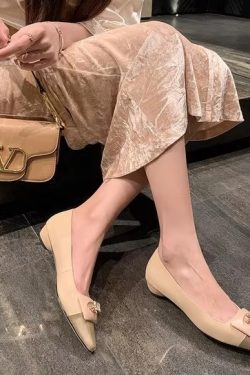 Fashionable Color-Blocking Low-Heeled Butterfly Rhinestone Single Shoes for Women - Pointed Toe, Shallow Mouth, Trendy Style