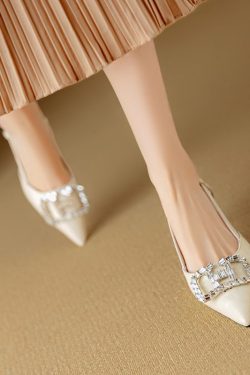 Fashionable Open-Back Sandals for Women with Rhinestone Square Buckle, Pointed Toe Stiletto Heels, Italian Style