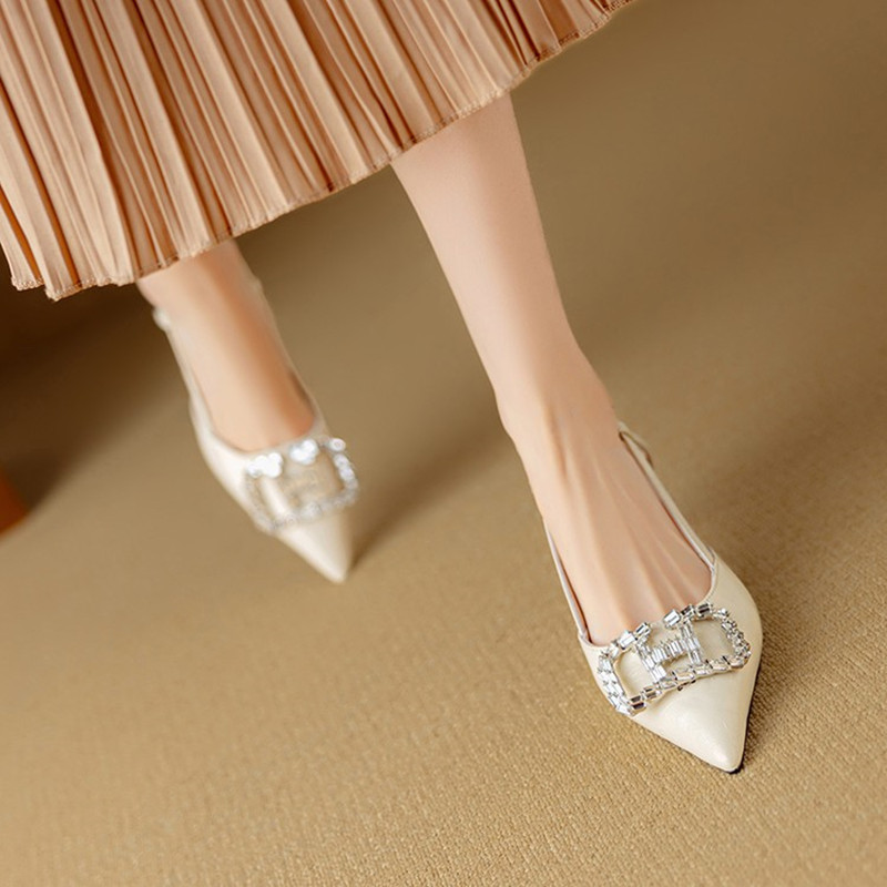 Fashionable Open-Back Sandals for Women with Rhinestone Square Buckle, Pointed Toe Stiletto Heels, Italian Style Fashionable Open-Back Sandals for Women with Rhinestone Square Buckle, Pointed Toe Stiletto Heels, Italian Style