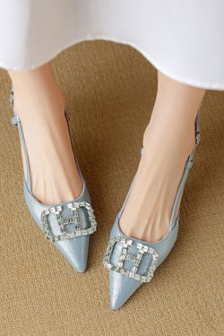 Fashionable Open-Back Sandals for Women with Rhinestone Square Buckle, Pointed Toe Stiletto Heels, Italian Style