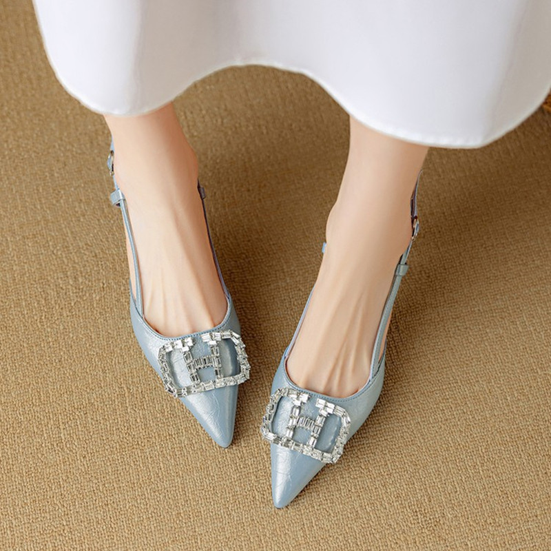 Fashionable Open-Back Sandals for Women with Rhinestone Square Buckle, Pointed Toe Stiletto Heels, Italian Style Fashionable Open-Back Sandals for Women with Rhinestone Square Buckle, Pointed Toe Stiletto Heels, Italian Style