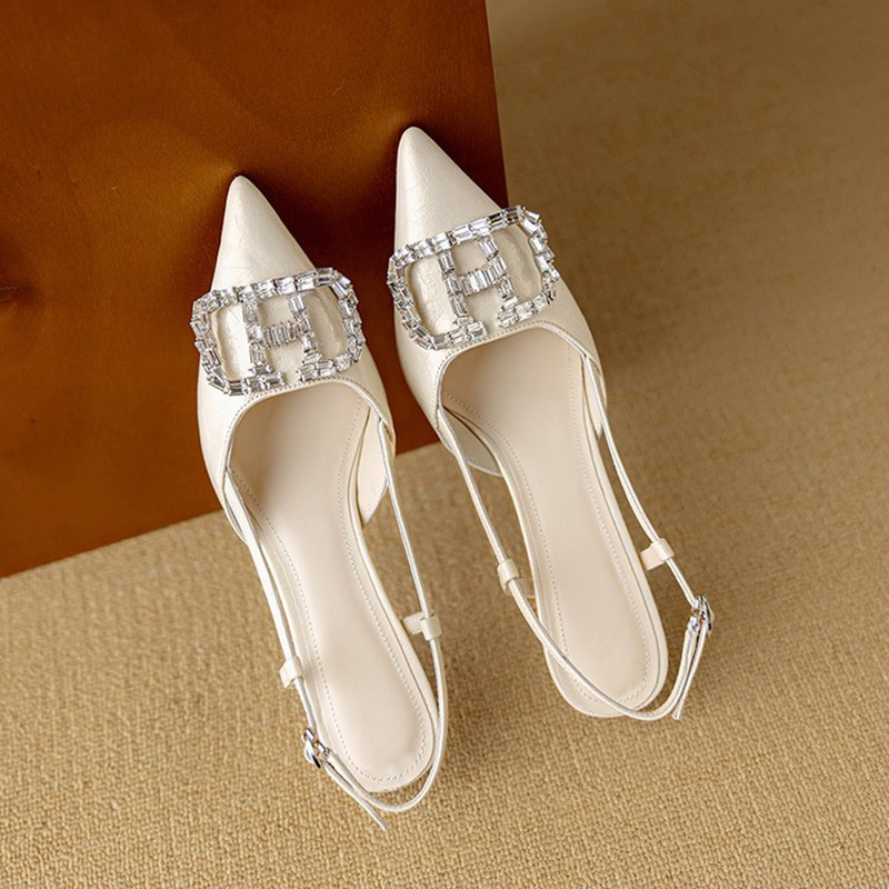 Fashionable Open-Back Sandals for Women with Rhinestone Square Buckle, Pointed Toe Stiletto Heels, Italian Style Fashionable Open-Back Sandals for Women with Rhinestone Square Buckle, Pointed Toe Stiletto Heels, Italian Style