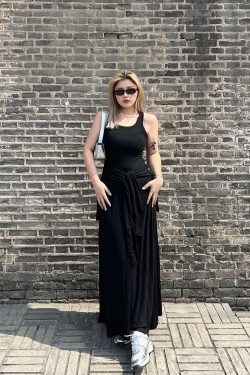 Faux Two-Piece Black Vest Dress - American Street Style Mid-Length Sleeveless Dress with Slimming Fit and Long Skirt