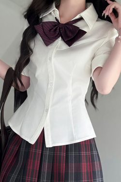 Fitted Short Sleeve Pudding Bear JK Uniform Blouse - Summer Japanese School Style Women's Top for Y2K and Kawaii Fashion
