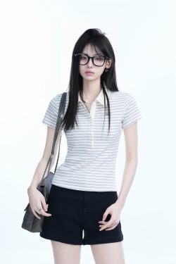 Fitted Short-Sleeve Striped Polo Shirt for Women - European American College Style, Slimming Design, Trendy Casual Wear