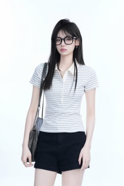 Fitted Short-Sleeve Striped Polo Shirt for Women - European American College Style, Slimming Design, Trendy Casual Wear