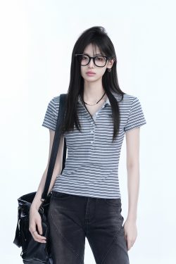 Fitted Short-Sleeve Striped Polo Shirt for Women - European American College Style, Slimming Design, Trendy Casual Wear