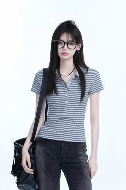 Fitted Short-Sleeve Striped Polo Shirt for Women - European American College Style, Slimming Design, Trendy Casual Wear