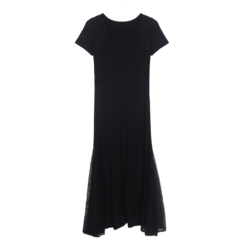 Fitted Spliced Short-Sleeve Dress, Modal, Slimming Lace Round Neck, Black Long Dress, 2025 Summer Style, European American Fashion Fitted Spliced Short-Sleeve Dress, Modal, Slimming Lace Round Neck, Black Long Dress, 2025 Summer Style, European American Fashion