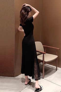 Fitted Spliced Short-Sleeve Dress, Modal, Slimming Lace Round Neck, Black Long Dress, 2025 Summer Style, European American Fashion