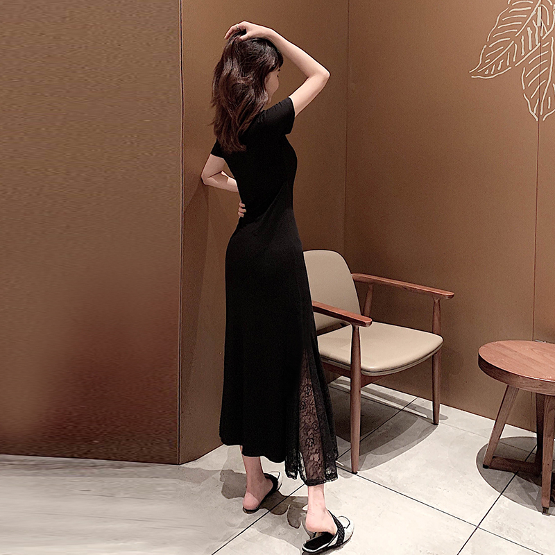 Fitted Spliced Short-Sleeve Dress, Modal, Slimming Lace Round Neck, Black Long Dress, 2025 Summer Style, European American Fashion Fitted Spliced Short-Sleeve Dress, Modal, Slimming Lace Round Neck, Black Long Dress, 2025 Summer Style, European American Fashion