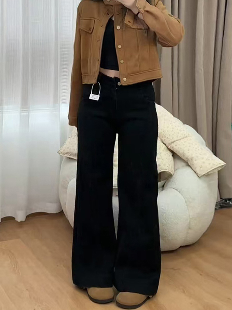 Flared Bell-Bottom Pants for Pear-Shaped Figures, Loose-Fitting Wide-Leg Black Denim Jeans for Women Flared Bell-Bottom Pants for Pear-Shaped Figures, Loose-Fitting Wide-Leg Black Denim Jeans for Women